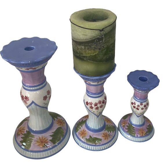 Capriware 3-Piece Pillar Candleholder Set Blue Purple Floral Hand Painted VTG - Picture 4 of 12